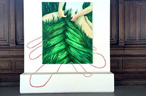 lise_stoufflet_des_tresses_2015_peinture_a_huile_et_acrylique_sur_toile_traits_peints_sur_le_mur_180_x_145cm